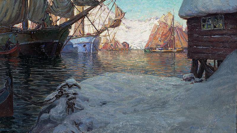 Anna Boberg Fiskebatar i hamn Norge oil painting art